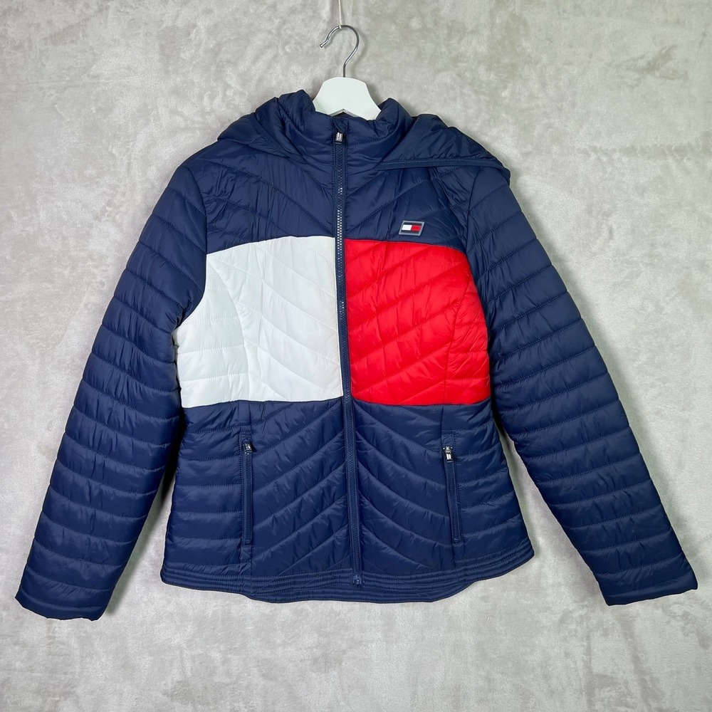 Tommy Hilfiger Sport Jacket Flag Colorblock Hooded Puffer (Navy/Red/White) LARGE
